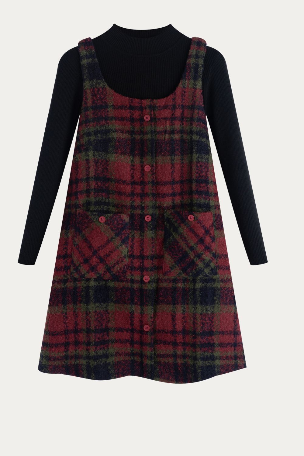 Red Plaid A-Line Pinafore Dress with Pocket, S
