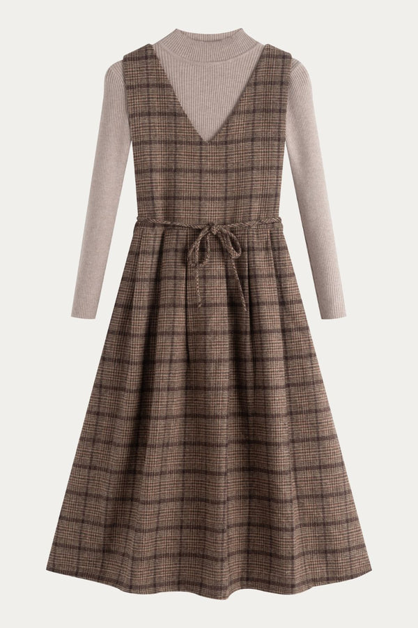 Plaid Pinafore Dress with Ribbed Turtleneck Sweater Set