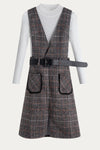 Plaid Sleeveless Belted Dress with White Ribbed Sweater Set