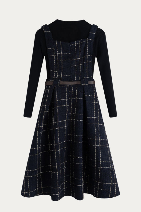 Navy Blue Plaid Pinafore Dress