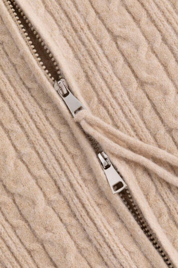 Khaki Color Zip Up Cable Knit Sweater