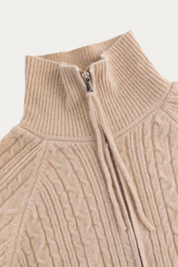 Khaki Color Zip Up Cable Knit Sweater