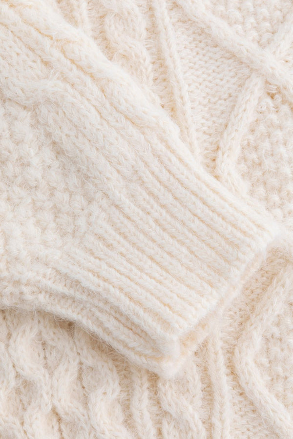 Ophelia Cozy White Cable Knit Sweater with Black V-Neck Trim - Perfect for Winter