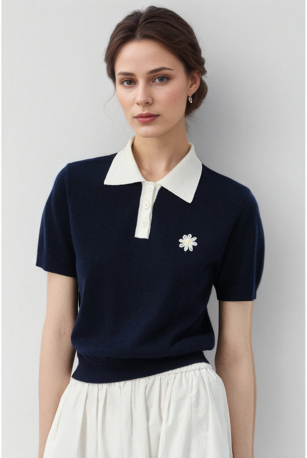 Xaviera Navy Polo Knit Tops
