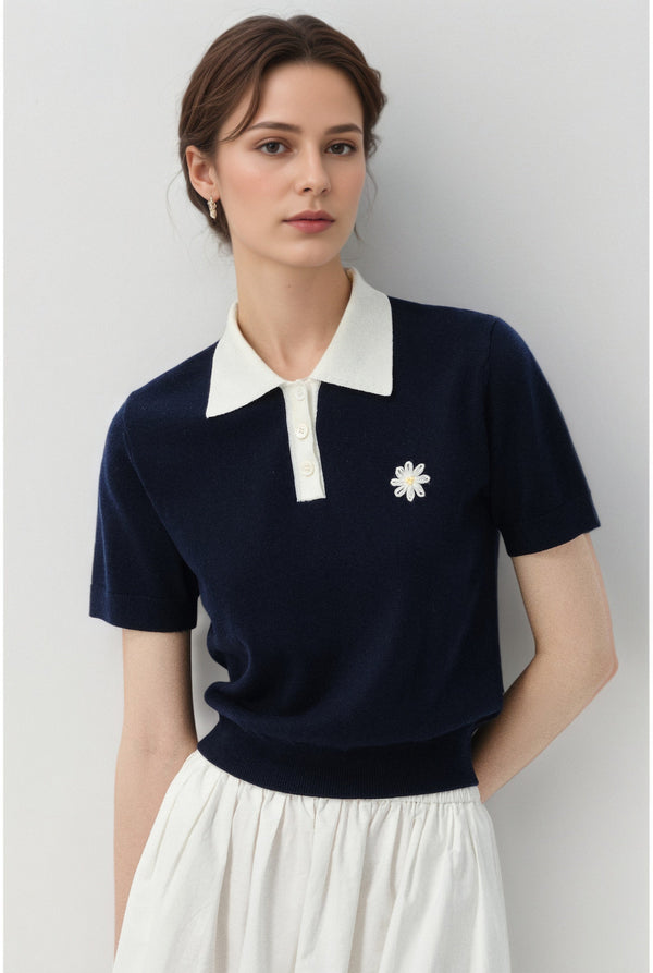 Xaviera Navy Polo Knit Tops