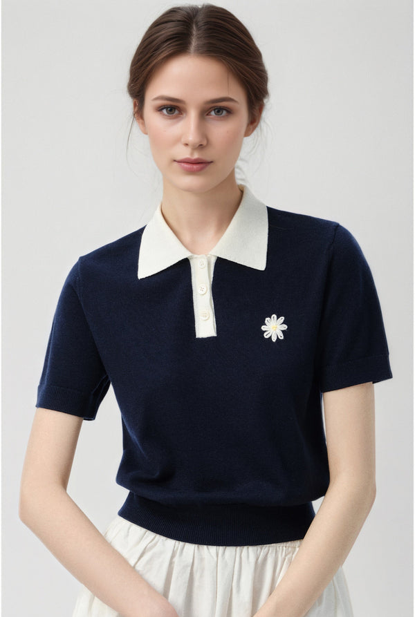 Xaviera Navy Polo Knit Tops