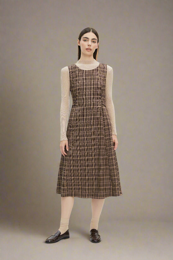 Woman wearing a brown plaid dress on a white background