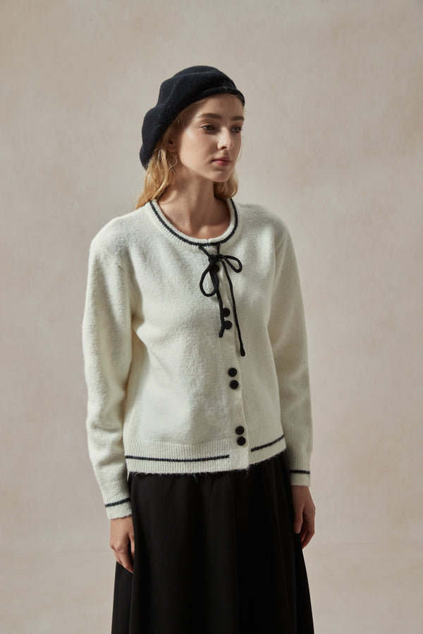 Willa White Knit Sweater with Black Ribbons