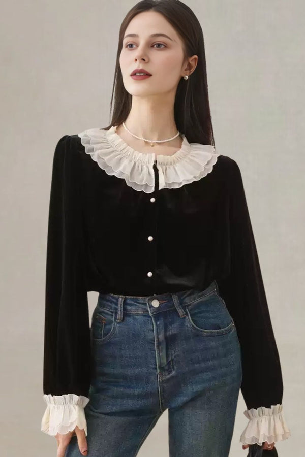 Meliora Black Velvet Blouse with Lace