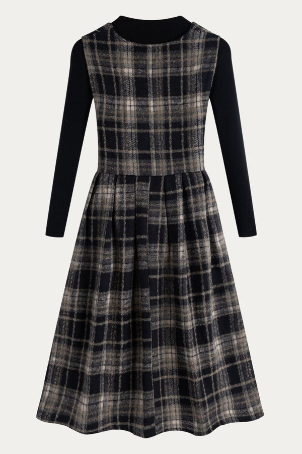 dark Blue Plaid Button - Front Dress with Black Ribbed Sweater Set - DAStyle