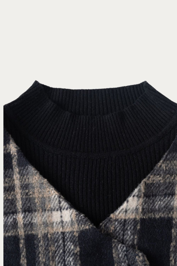 dark Blue Plaid Button - Front Dress with Black Ribbed Sweater Set - DAStyle