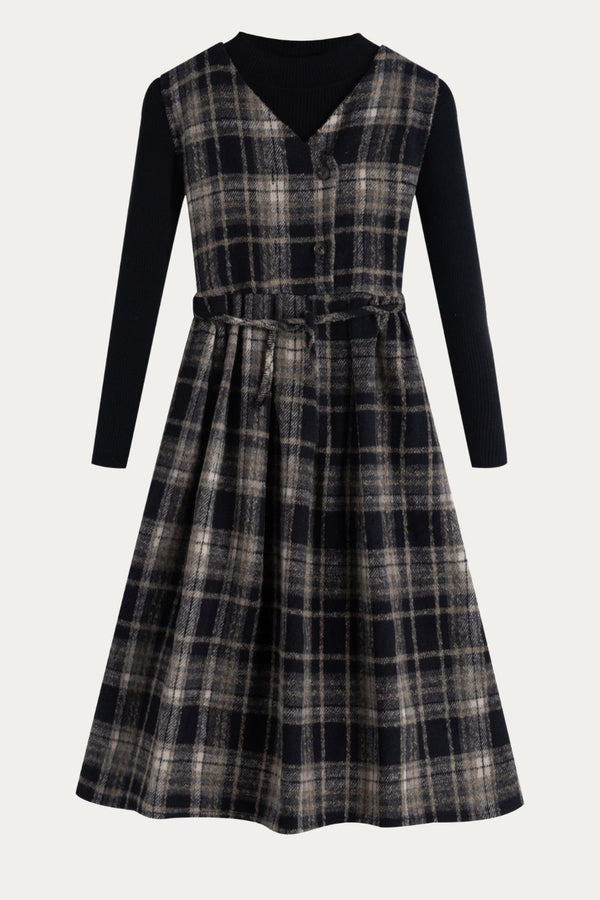 dark Blue Plaid Button - Front Dress with Black Ribbed Sweater Set - DAStyle