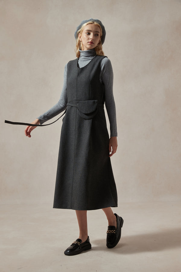 Emilia Gray Wool Pinafore Dress Set ( With turtleneck and belt)