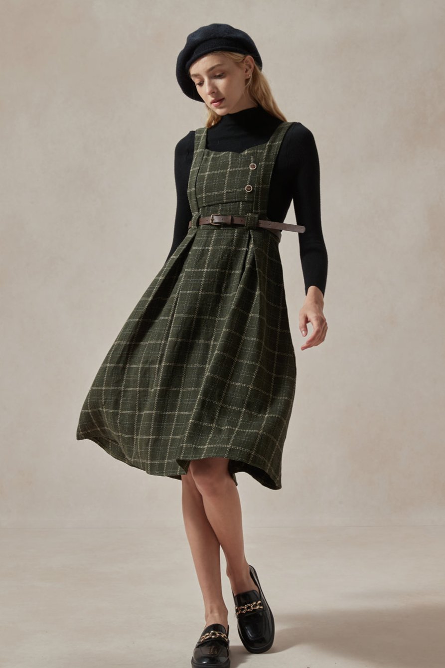 Green Vintage Plaid Overall Dress with Black Ribbed Sweater Set, S / Plaid Green Vintage Plaid Overall Dress with Black Ribbed Sweater Set, S / Plaid