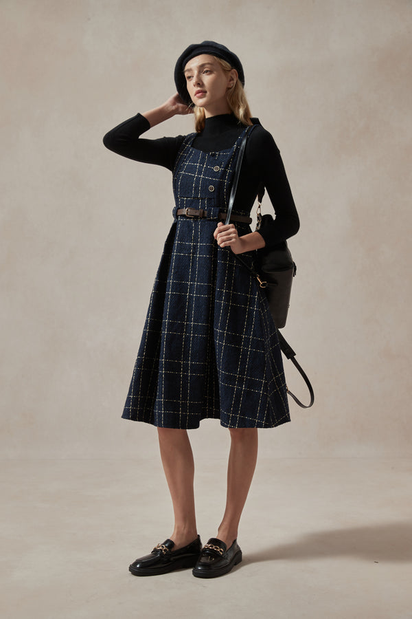 Navy Blue Plaid Pinafore Dress