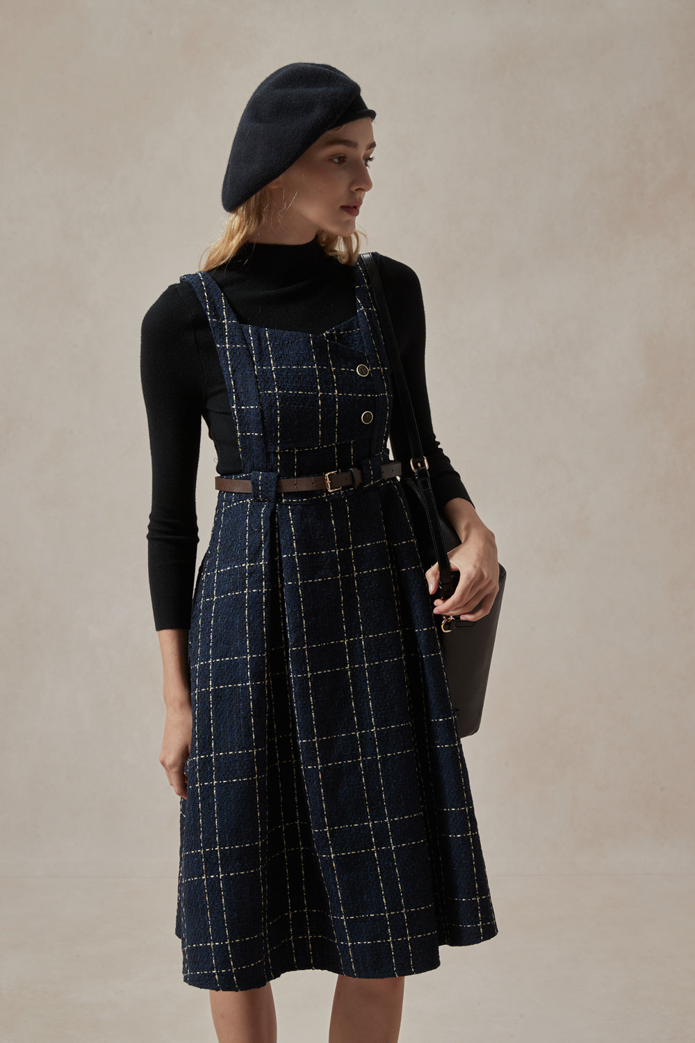 Navy Blue Plaid Overall Dress with Black Ribbed Sweater Set, L