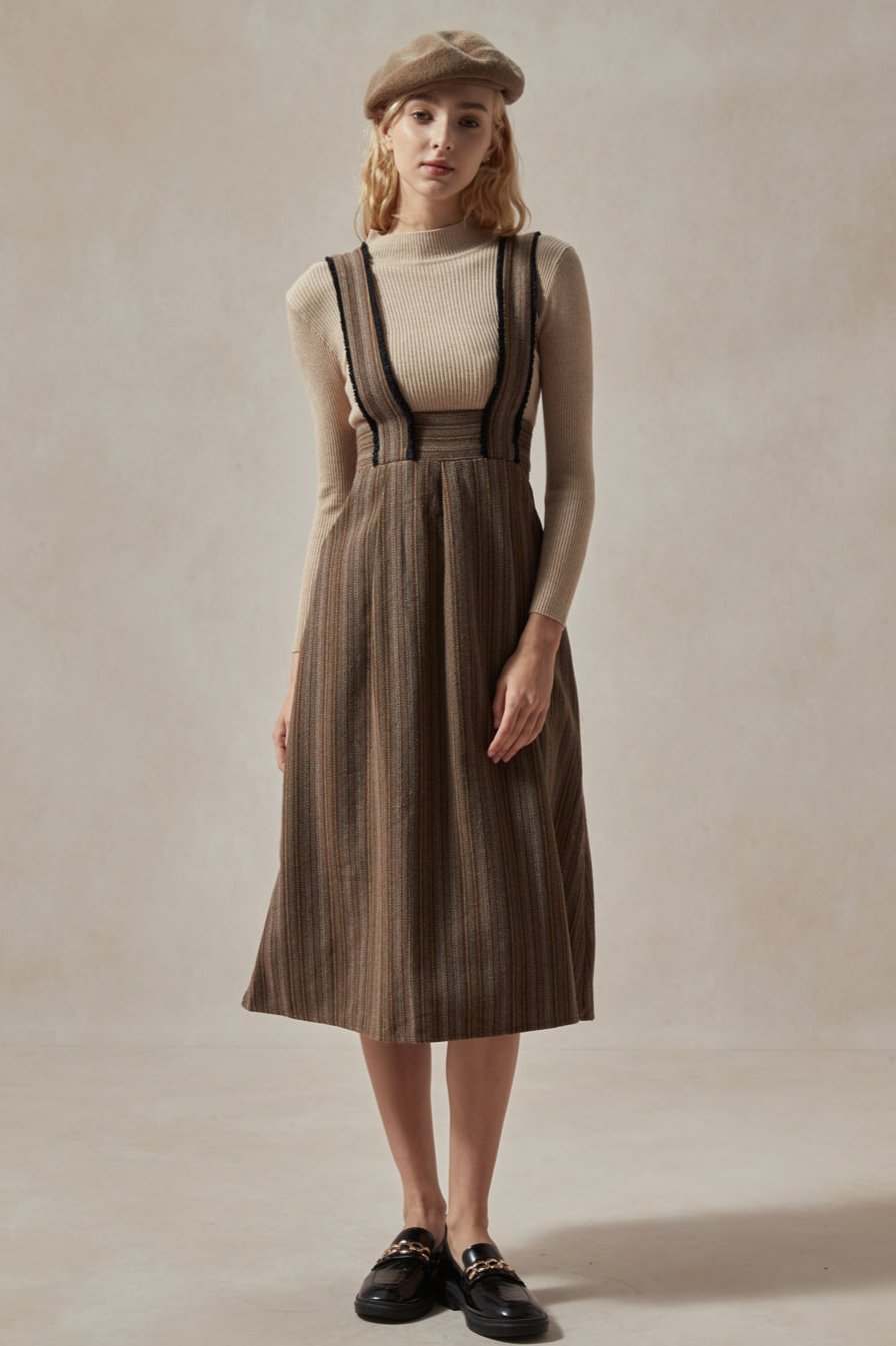 Striped Suspender Dress with Ribbed Turtleneck Sweater Set, S