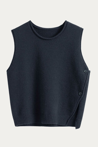 Minimalist Black Sleeveless Knit Sweater Vest with Side Button Detail