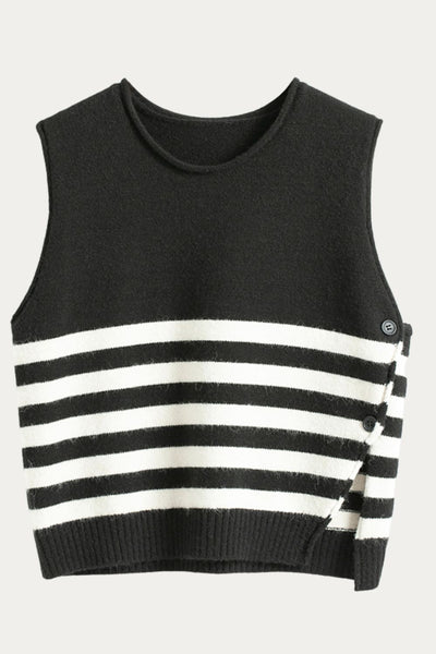 Minimalist Black Sleeveless Knit Sweater Vest with Side Button Detail