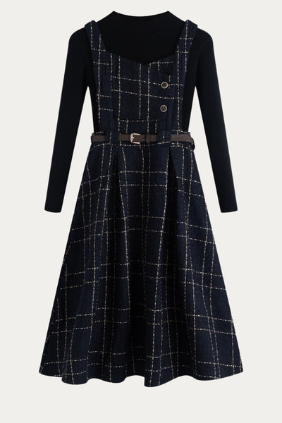 Navy Blue Plaid Overall Dress with Black Ribbed Sweater Set, L Navy Blue Plaid Overall Dress with Black Ribbed Sweater Set, L
