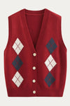 Red Argyle Button-Up Sweater Vest