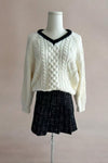 Ophelia Cozy White Cable Knit Sweater with Black V-Neck Trim - Perfect for Winter