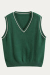 Green Cable Knit V-Neck Sweater Vest with Contrast Trim