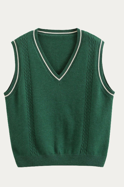 Green Cable Knit V-Neck Sweater Vest with Contrast Trim