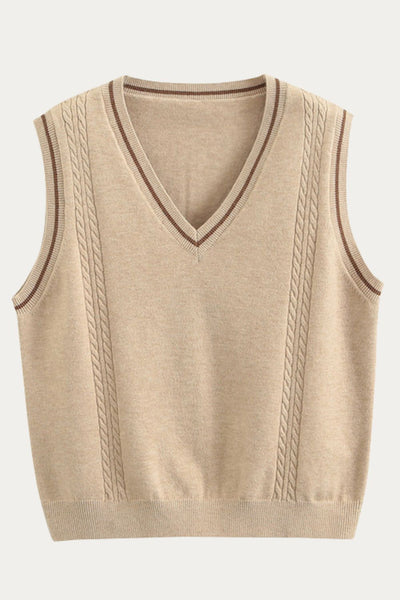 Green Cable Knit V-Neck Sweater Vest with Contrast Trim