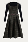 Green Vintage Plaid Overall Dress with Black Ribbed Sweater Set