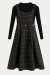 Green Vintage Plaid Overall Dress with Black Ribbed Sweater Set