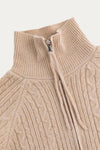 Khaki Color Zip Up Cable Knit Sweater