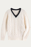 Ophelia Cozy White Cable Knit Sweater with Black V-Neck Trim - Perfect for Winter