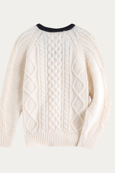 Ophelia Cozy White Cable Knit Sweater with Black V-Neck Trim - Perfect for Winter