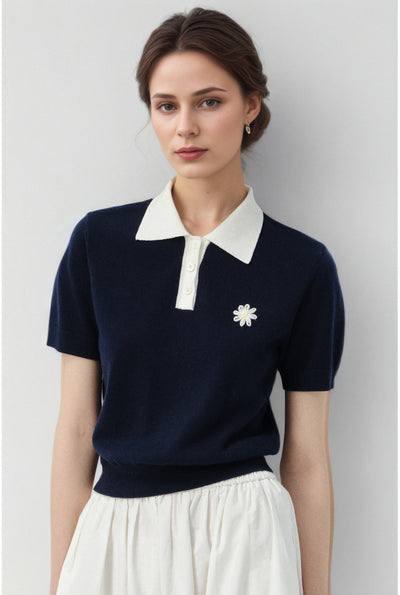 Xaviera Navy Polo Knit Tops