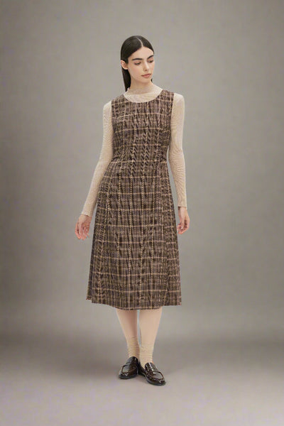 Woman wearing a brown plaid dress on a white background