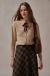 Amaryllis Button Up Khaki Shirt with Bowknot - DAStyle