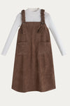 Brown Corduroy Pinafore Dress with White Ribbed Turtleneck Sweater Set - DAStyle