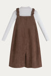 Brown Corduroy Pinafore Dress with White Ribbed Turtleneck Sweater Set - DAStyle