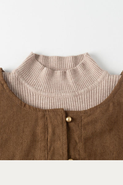 Brown Corduroy Sleeveless Dress with Ribbed Turtleneck Sweater Set - DAStyle