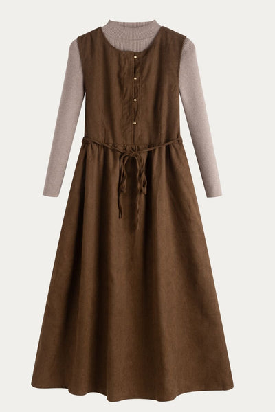 Brown Corduroy Sleeveless Dress with Ribbed Turtleneck Sweater Set - DAStyle