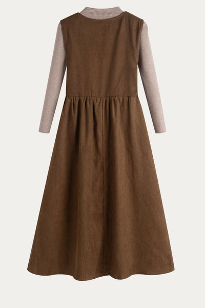 Brown Corduroy Sleeveless Dress with Ribbed Turtleneck Sweater Set - DAStyle