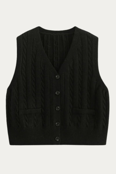 Classic Black Cable Knit Button - Up Wool Sweater Vest - DAStyle