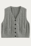 Classic Black Cable Knit Button - Up Wool Sweater Vest - DAStyle