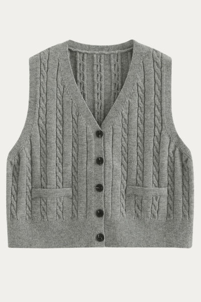 Classic Black Cable Knit Button - Up Wool Sweater Vest - DAStyle