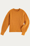 Crew Neck Orange Color Cable Knit Sweater - DAStyle