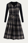 dark Blue Plaid Button - Front Dress with Black Ribbed Sweater Set - DAStyle