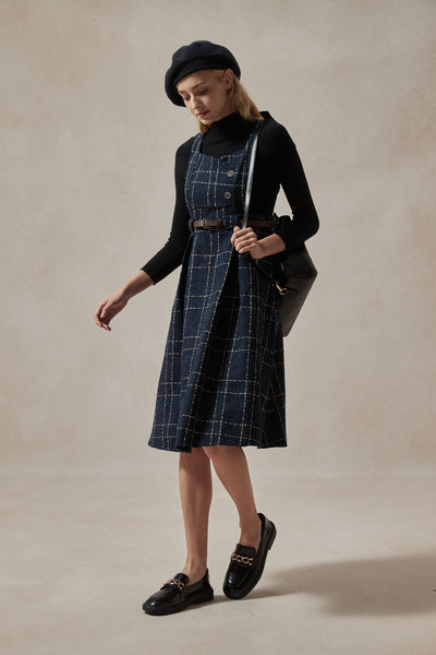 Navy Blue Plaid Overall Dress with Black Ribbed Sweater Set, L Navy Blue Plaid Overall Dress with Black Ribbed Sweater Set, L
