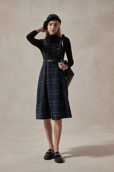 Navy Blue Plaid Overall Dress with Black Ribbed Sweater Set, L Navy Blue Plaid Overall Dress with Black Ribbed Sweater Set, L